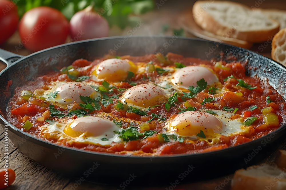 Spicy Arabian shakshuka in a sizzling skillet with poached eggs, rich tomato sauce, onions, bell peppers, cumin, and paprika Spicy Arabian shakshuka in a sizzling skillet with poached eggs, rich tomato sauce, onions, bell peppers, cumin, and paprika