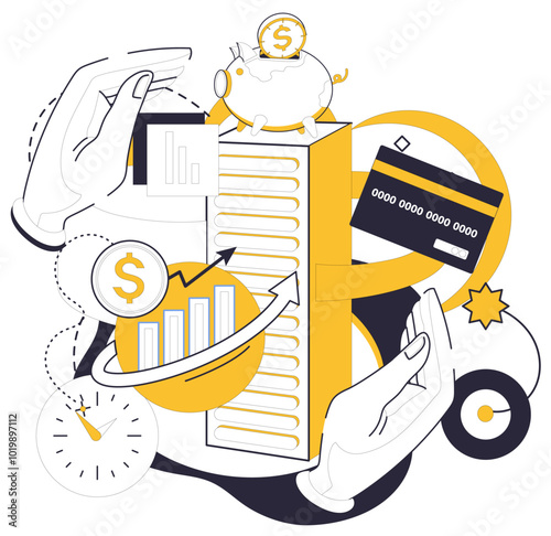 Credit score vector illustration. Personal finance becomes captivating novel, with credit score metaphor narrating tale The rate financial success is measured by beats in credit scores rhythmic dance