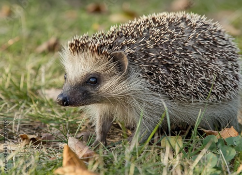 A hedgehog, characterized by its spiky quills and small face, set against a natural backdrop of grass and leaves