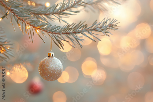 Glittering Gold Bauble Hanging on Snow-Covered Christmas Tree Branch photo