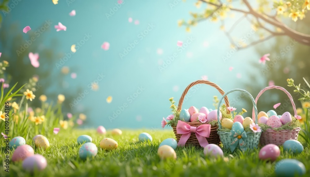 Basket with Easter Eggs in Blooming Spring Field Under Sunny Sky Basket with Easter Eggs in Blooming Spring Field Under Sunny Sky