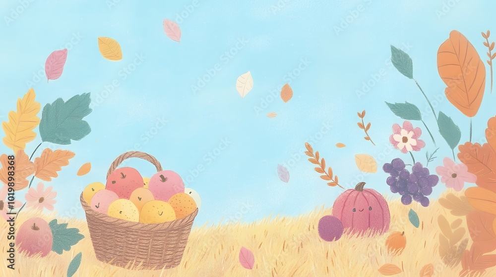 Fototapeta premium Illustration of a fall harvest scene with a basket of smiling apples, a pumpkin, grapes, and autumn leaves. Seasonal design for autumn and Thanksgiving themes.