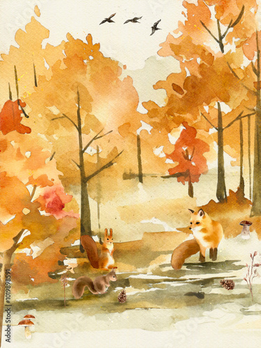 Hand-Drawn Watercolor Autumn Forest with Animals