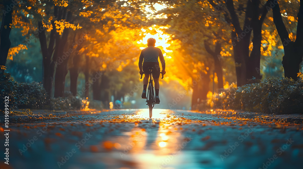 Autumnal Cycling: A Man Biking Towards The Sunset Through Golden Trees Autumnal Cycling: A Man Biking Towards The Sunset Through Golden Trees