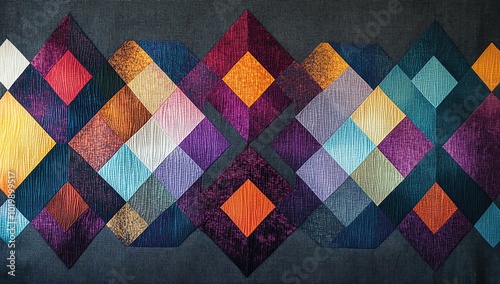 A colorful geometric pattern adorns the fabric of an embroidered quilt, with diamond shapes in shades