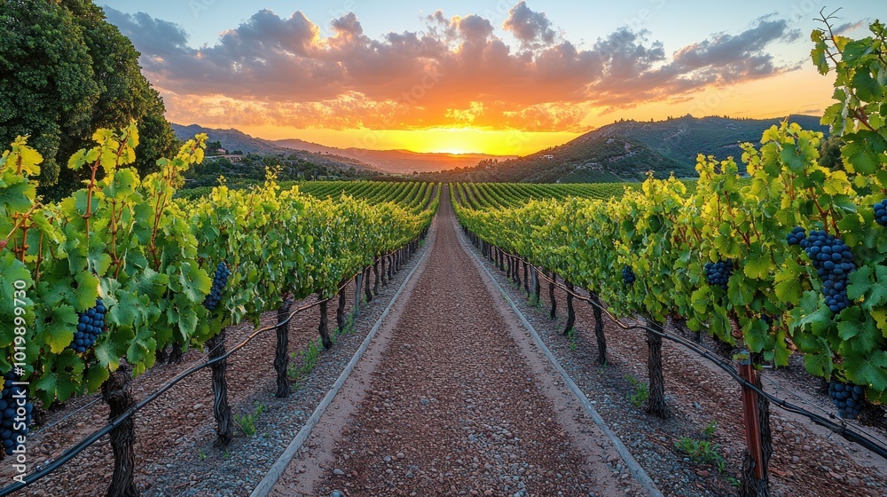 Fototapeta premium Scenic vineyard at sunset with lush grapevines and mountains.