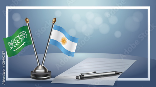 Saudi Arabia and Argentina Small national flag on bokeh background, cooperative relationship