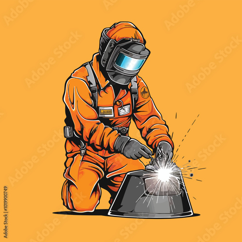 Welder Engineer Working on Iron Vector Illustration