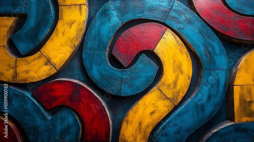 High-angle view of a complex wooden maze, intricate pathways painted in bold blue, red, and yellow, creating a vivid abstract design with geometric precision