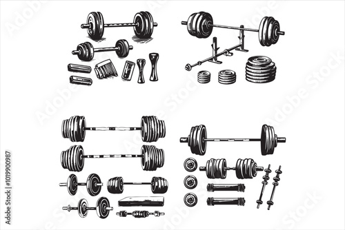 Set of illustrations of weightlifting barbells and dumbbells' . Design element for logo, label, sign, emblem, banner. Vector illustration