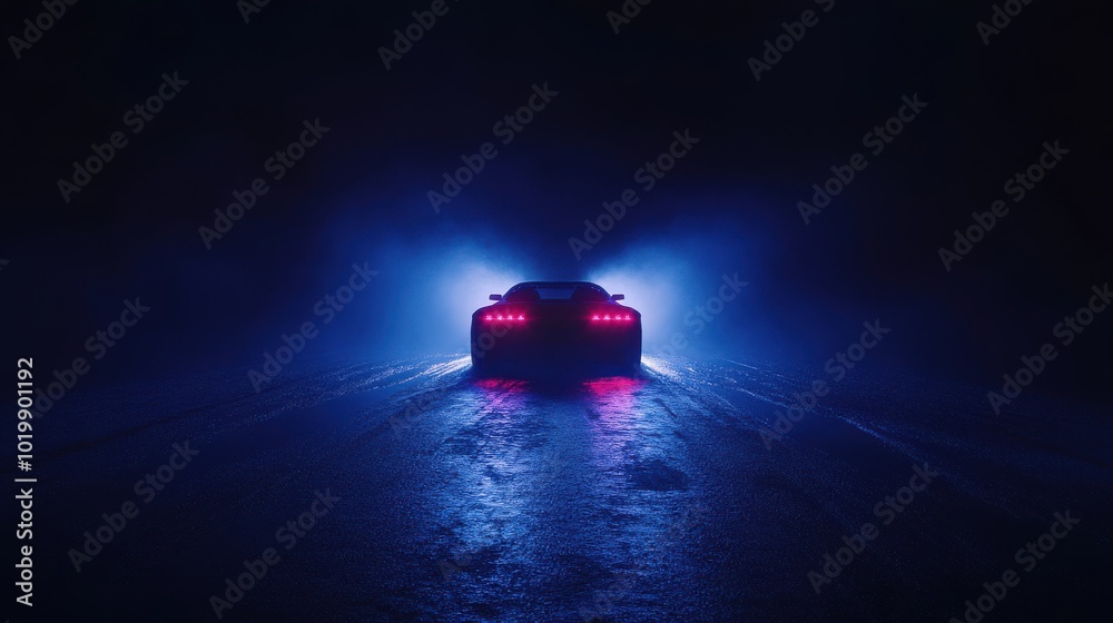 Police car strobe lights at night, dramatic scene