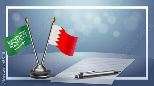 Saudi Arabia and Bahrain Small national flag on bokeh background, cooperative relationship