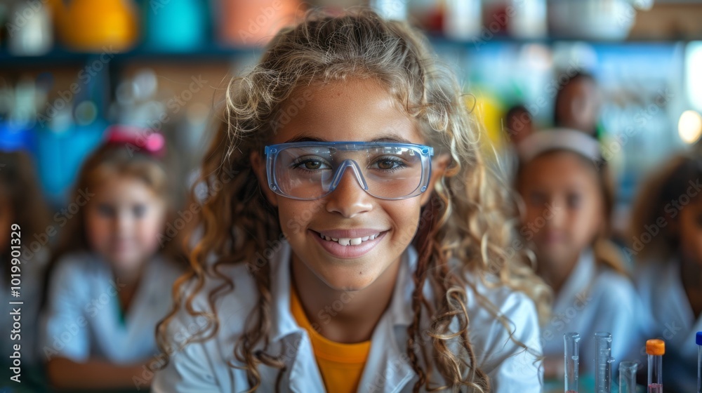 A girl wearing a lab coat and glasses is smiling at the camera A girl wearing a lab coat and glasses is smiling at the camera