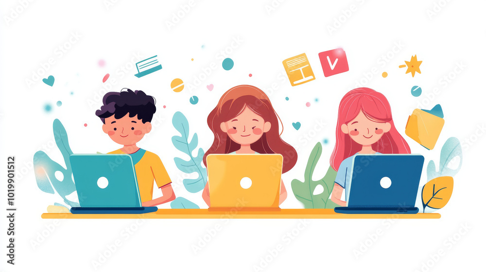 Kids learning at home on their laptops using an online education platform. This technology allows students to learn remotely, taking classes from anywhere with an internet connection.