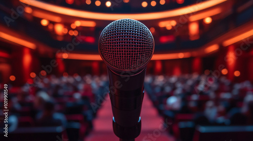 confident woman passionately speaks into a microphone, embodying empowerment and inspiration. Her focus and determination symbolize the strength of female voices in motivating others