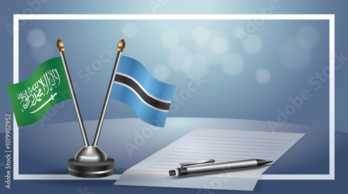 Saudi Arabia and Botswana Small national flag on bokeh background, cooperative relationship