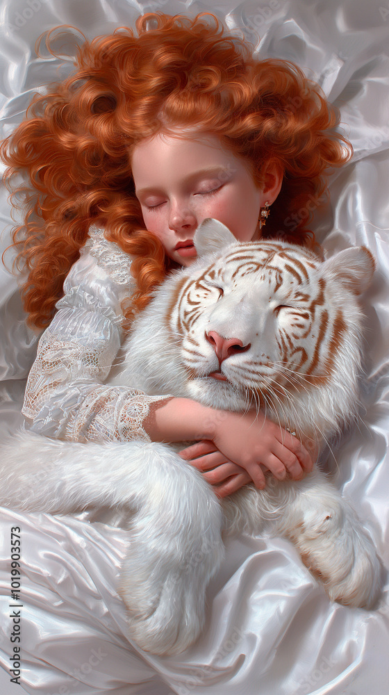 Girl sleeping with white tiger on satin bed in peaceful setting. Girl sleeping with white tiger on satin bed in peaceful setting.