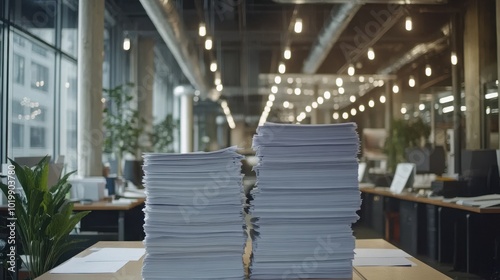 Stacks of paper, office desk clutter