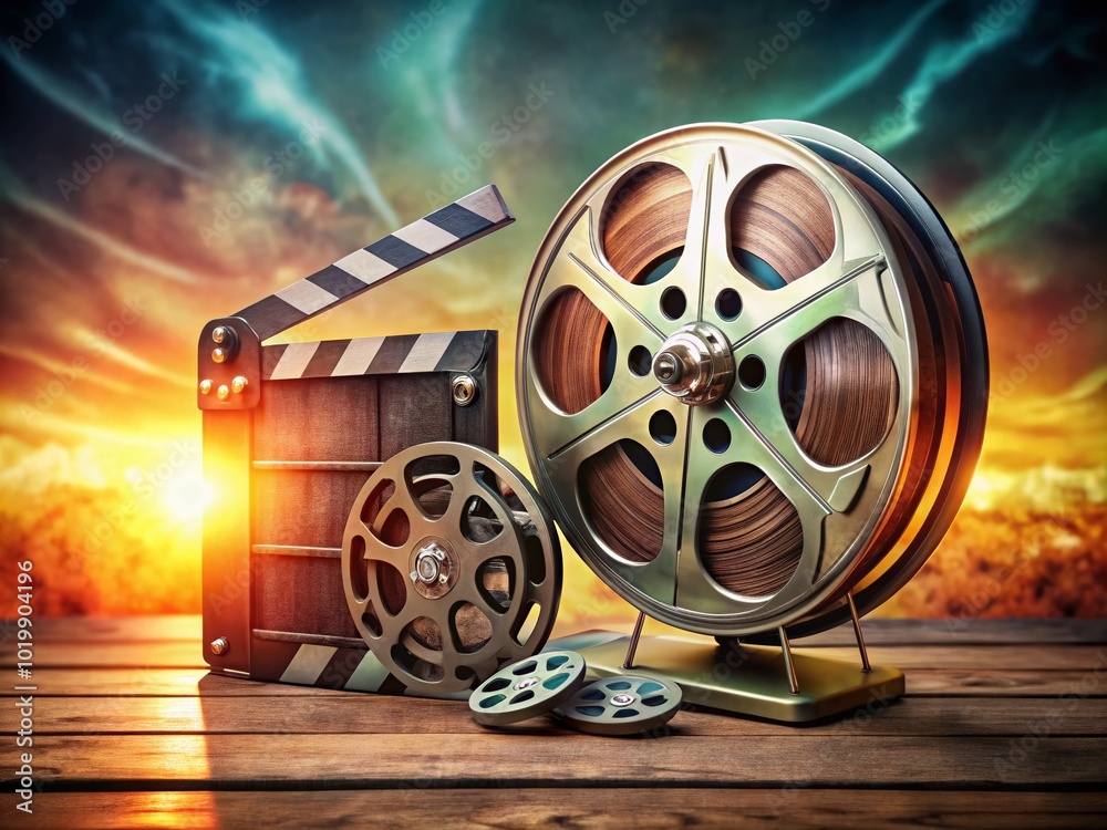 Retro Movie Countdown Timer with Film Reel and Clapperboard on a ...