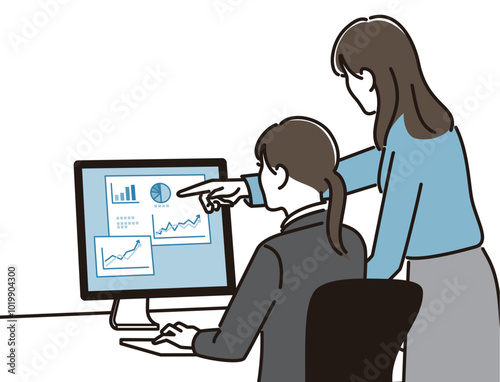 PCの前で打ち合わせする女性
