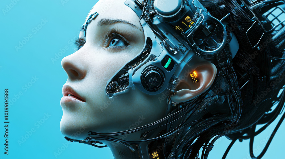 A close-up of a robot woman's face, showing her cybernetic head with wires connecting to an artificial intelligence system. Her cyborg profile gazes upwards, creating a futuristic sci-fi image. A close-up of a robot woman's face, showing her cybernetic head with wires connecting to an artificial intelligence system. Her cyborg profile gazes upwards, creating a futuristic sci-fi image.