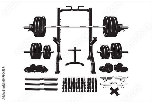 Set of illustrations of weightlifting barbells and dumbbells' . Design element for logo, label, sign, emblem, banner. Vector illustration