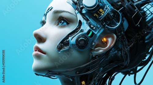 A close-up of a robot woman's face, showing her cybernetic head with wires connecting to an artificial intelligence system. Her cyborg profile gazes upwards, creating a futuristic sci-fi image.