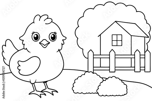 Chick Coloring Page in yard Illustration stock illustration