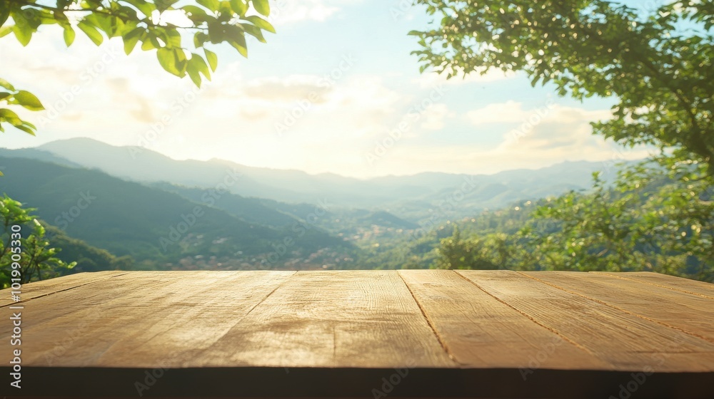 Wooden table top with the mountain landscape in the background, nature view Wooden table top with the mountain landscape in the background, nature view