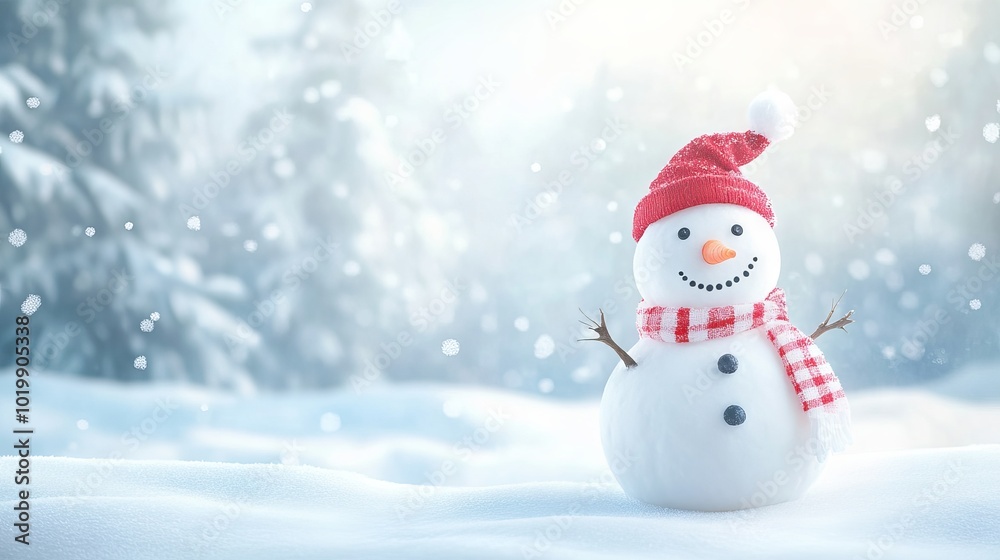 Panoramic view of a cheerful snowman in a serene winter landscape with ample copy space for text or design elements Panoramic view of a cheerful snowman in a serene winter landscape with ample copy space for text or design elements