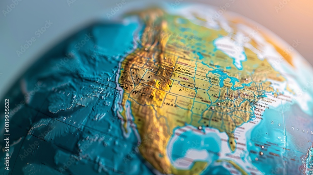 High-resolution abstract globe illustration centered on north America with contemporary geographical design and vibrant color palette High-resolution abstract globe illustration centered on north America with contemporary geographical design and vibrant color palette