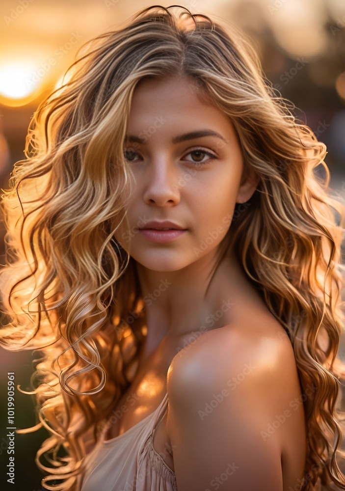 A woman with long blonde hair is standing in front of a sunset A woman with long blonde hair is standing in front of a sunset