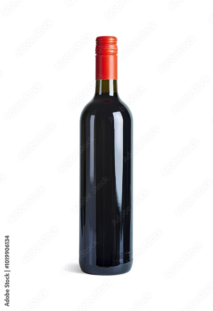 A bottle of dark-colored liquid, possibly wine, with a red screw cap A bottle of dark-colored liquid, possibly wine, with a red screw cap