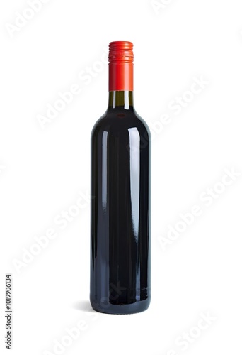 A bottle of dark-colored liquid, possibly wine, with a red screw cap
