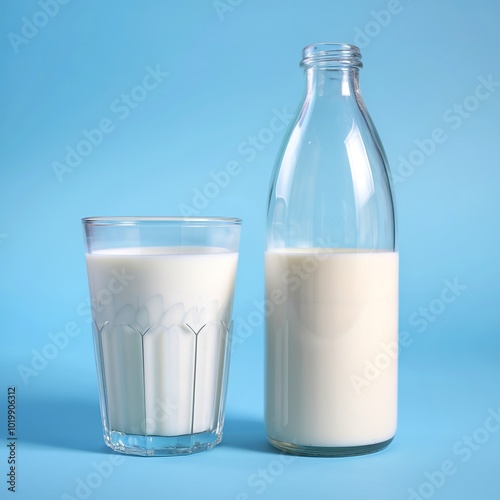 A clear glass filled with a milk and a transparent bottle next to it