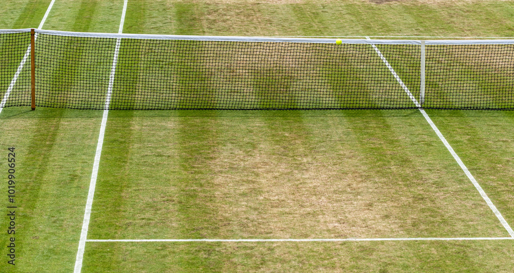 A tennis ball mid flight following a serve. Grass court. vt A tennis ball mid flight following a serve. Grass court. vt
