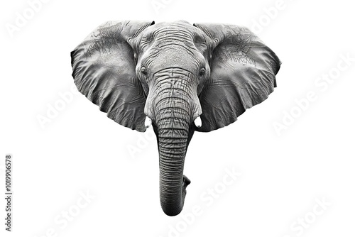 A detailed black and white portrait of an elephant