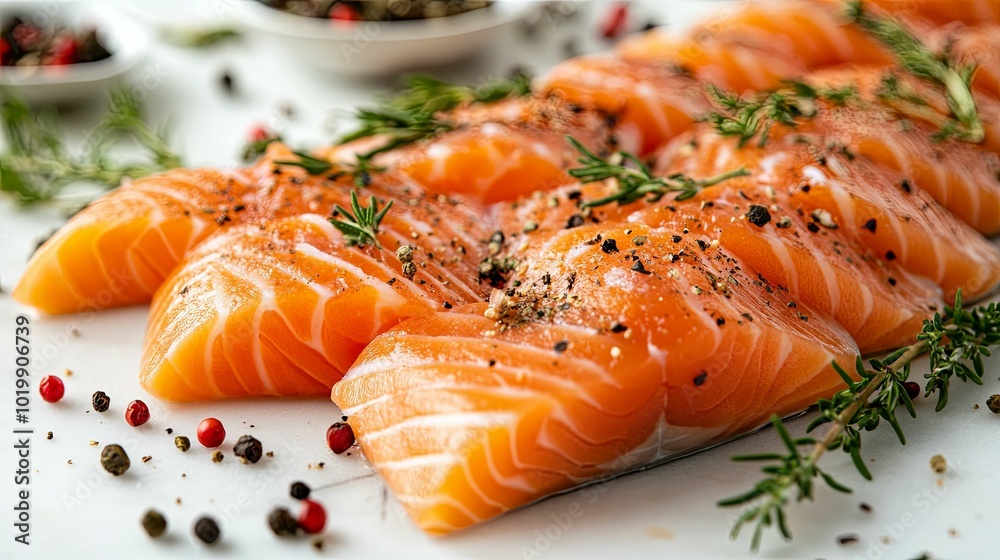 Raw Salmon Slices with Black Peppercorns, Rosemary, and Pink Peppercorns Raw Salmon Slices with Black Peppercorns, Rosemary, and Pink Peppercorns