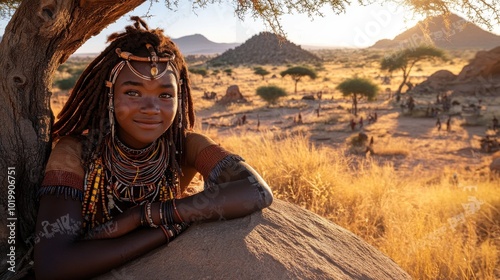 Smiling Tribal Woman Leaning Against a Tree