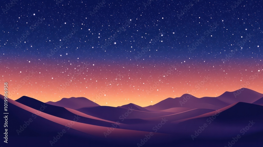 A vast starry sky above a desert landscape, with sand dunes silhouetted against the horizon. A vast starry sky above a desert landscape, with sand dunes silhouetted against the horizon.