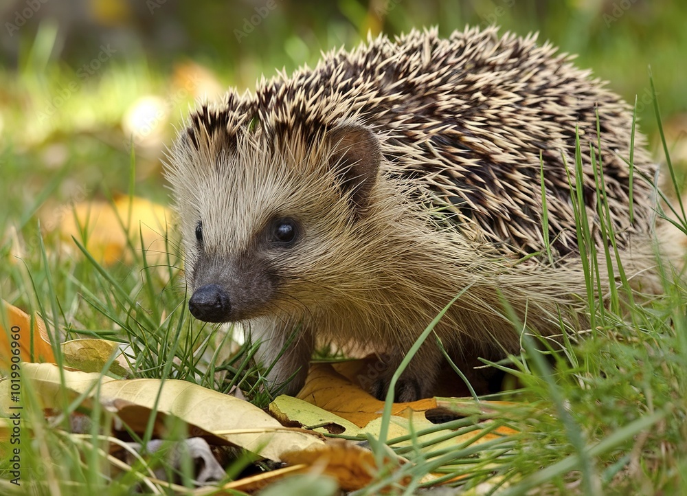 A hedgehog, characterized by its spiky quills and small face, set against a natural backdrop of grass and leaves A hedgehog, characterized by its spiky quills and small face, set against a natural backdrop of grass and leaves