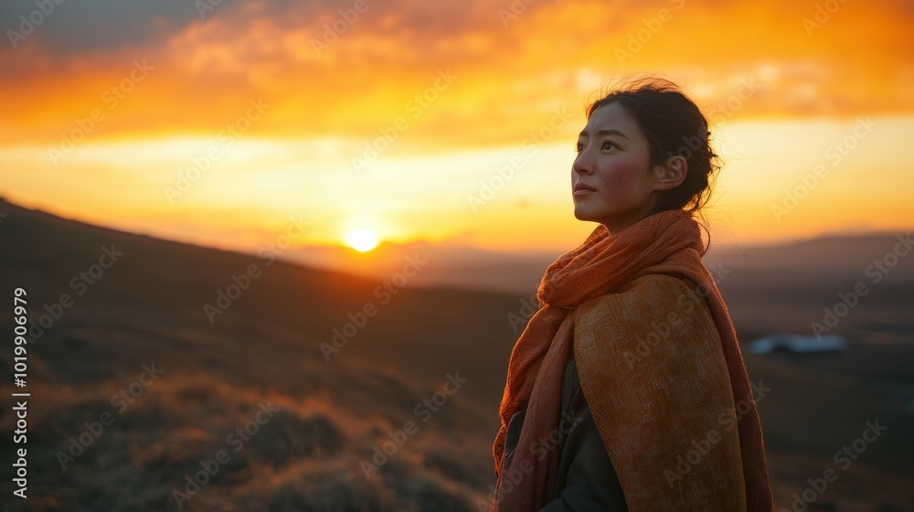 Woman Watching Sunset over Rolling Hills Woman Watching Sunset over Rolling Hills