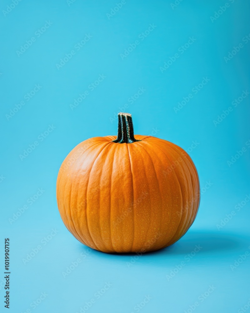 Stylish pumpkin decoration on blue backdrop Stylish pumpkin decoration on blue backdrop