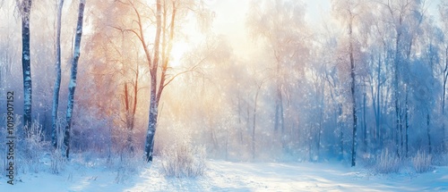 Panoramic winter forest landscape with sunlight: bright and serene nature scene in snowy woods