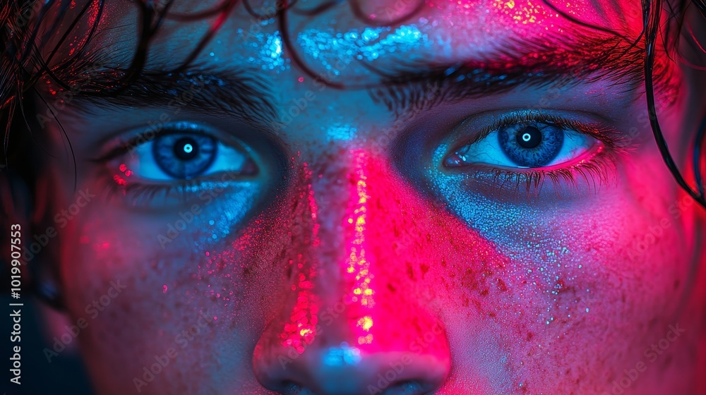 Naklejka premium A close-up of a young man's face, eyes reflecting the bright glow of neon signs, with pink and blue tones adding an edgy and modern look