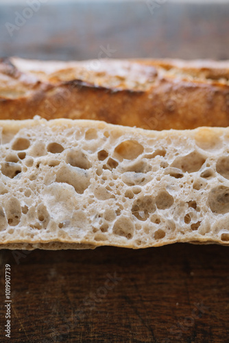 Detailed view of baguette's airy crumb against wooden surface. photo