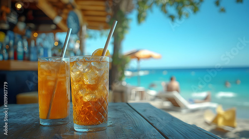 Two Glasses of Iced Tea on Wooden Table with Blurred Beach Background Photo