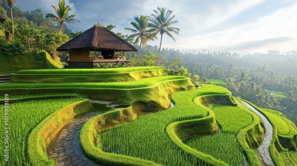 Obraz premium A traditional thatched hut sits atop lush green rice terraces in a stunning mountain landscape.