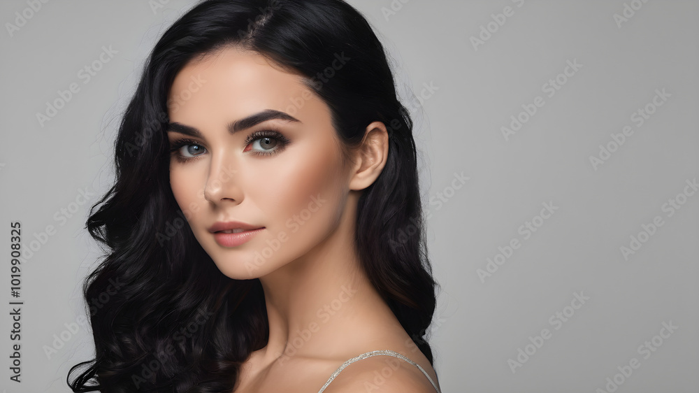 A woman with long black hair and a blue eye shadow A woman with long black hair and a blue eye shadow