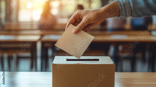 A focused hand places a voting ballot into a ballot box, symbolizing civic duty and participation in democracy, set against a blurred background that emphasizes the importance of the act